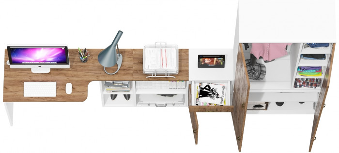 Лидер-8 Стол + Тумба МД 3.15 + Шкаф МД 20Б, цвет белый шагрень/крафт золото, ШхГхВ 285х50/37,5х75/190 или 115х200/50х75/190 см., НЕ ун. сборка