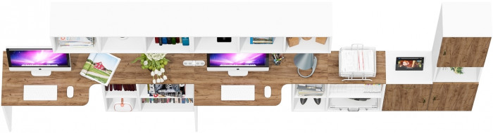 Лидер-8 Стол + Полка + Стол + Полка + Пенал + Тумба МД 3.15, цвет белый шагрень/крафт золото, 410х50/30х75/190 или 230х50/160х75/190 см., НЕ ун. сб.