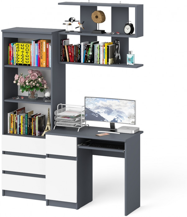 Мори Стол компьютерный МС-1 левый + Стеллаж МСТ600.3 + Полка 900, цвет графит/белый, ШхГхВ 150,4х50х209,6 см., НЕ универсальная сборка