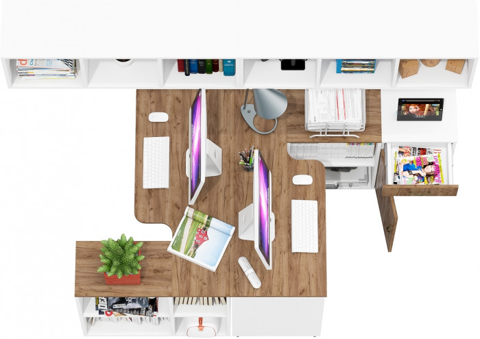 Лидер-8 Стол + Полка + Стол + Полка + Тумба МД 3.15, цвет белый шагрень/крафт золото, ШхГхВ 370х50/30х75 или 230х50/120х75 см., НЕ универс. сборка