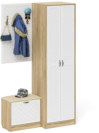 Прихожая П-6 Компоновка № 12, дуб сонома/фасады МДФ белое дерево фрезеровка ромб