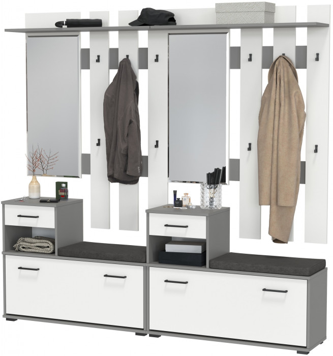 Лира ГК Прихожая 2 Два х Тумба под обувь + Два х Вешалка с зеркалом, графит/белый