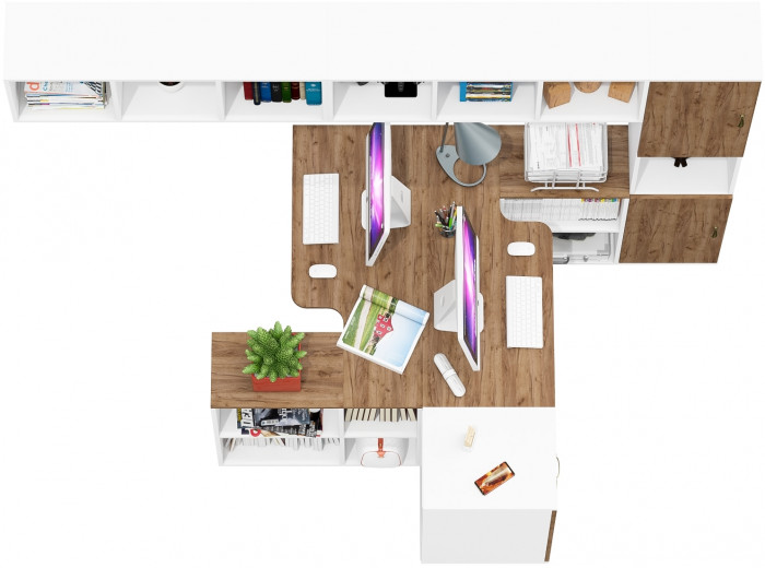 Лидер-8 Стол + Полка + Стол + Полка + Пенал + Тумба МД 3.16, цвет белый шагрень/крафт золото, 410х50/30х75/190 или 270х120/50х75/190 см., НЕ ун. сб.