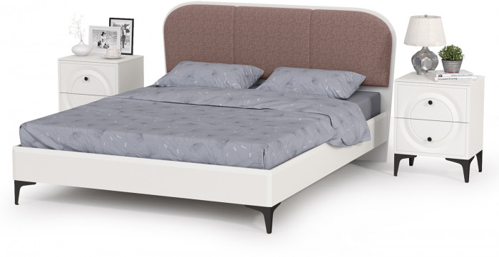 Валенсия Спальня 11.36.02 Кровать + ортопед + две Тумбы, цвет ЛДСП белый шагрень/МДФ бел шагр/ткань велутто 19, ШхГхВ 278х204х103,8 см, 1600х2000, б/м