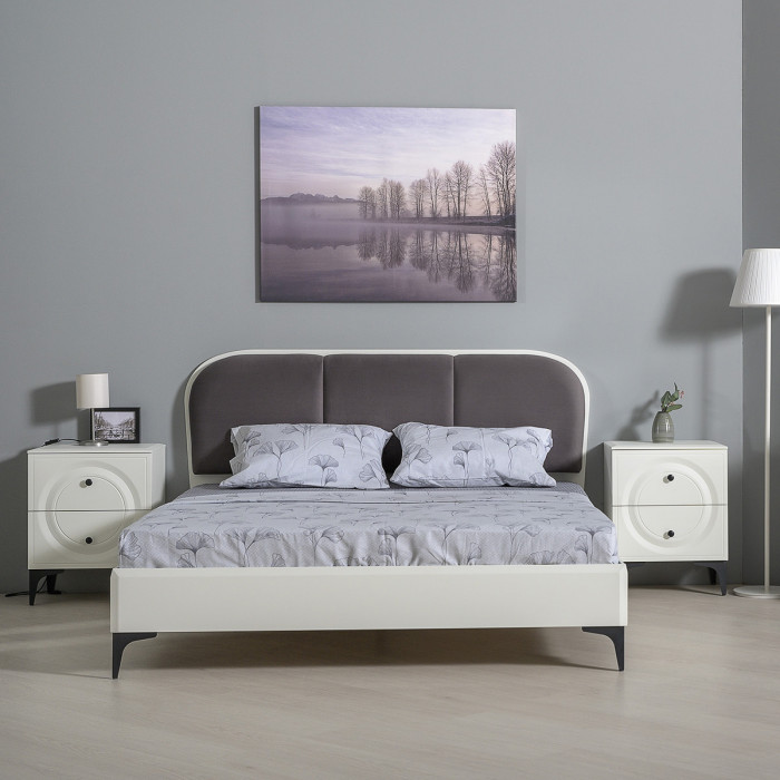 Валенсия Спальня 11.36.02 Кровать + ортопед + две Тумбы, цвет ЛДСП белый шагрень/МДФ бел шагр/ткань велутто 19, ШхГхВ 278х204х103,8 см, 1600х2000, б/м