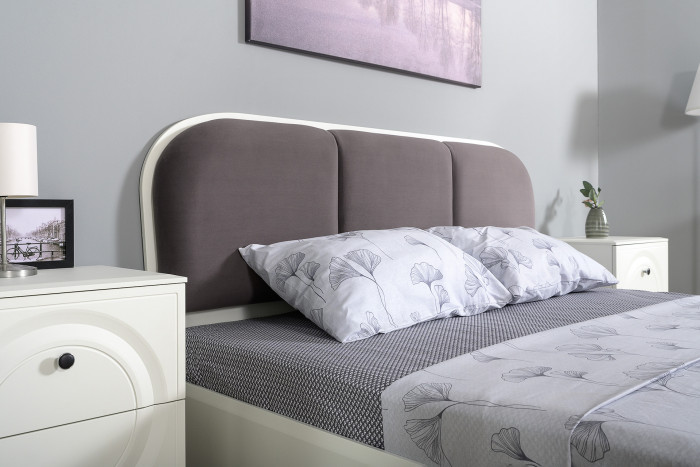 Валенсия Спальня 11.36.02 Кровать + ортопед + две Тумбы, цвет ЛДСП белый шагрень/МДФ бел шагр/ткань велутто 19, ШхГхВ 278х204х103,8 см, 1600х2000, б/м