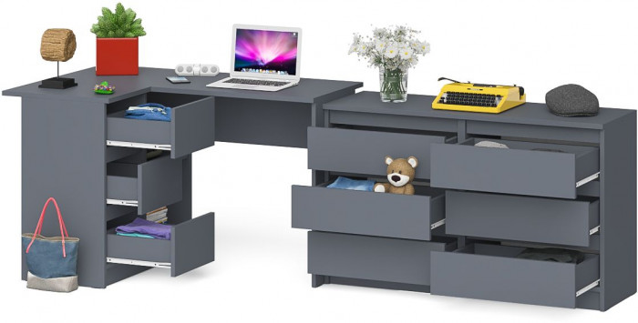Мори Стол компьютерный МС-16 левый + Комод МК1200.6, цвет графит, ШхГхВ 244,8х84,9х76,6 см., выдвижные ящики слева, НЕ универсальная сборка