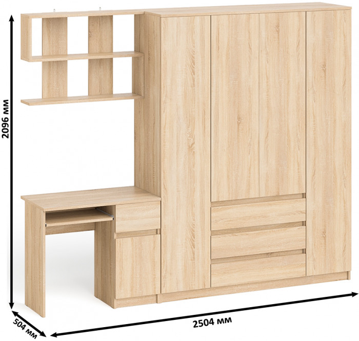 Мори Стол компьютерный МС-1 правый + Шкаф МШ1600.1 + Полка 900, цвет дуб сонома, ШхГхВ 250,4х50,4х209,6 см., НЕ универсальная сборка