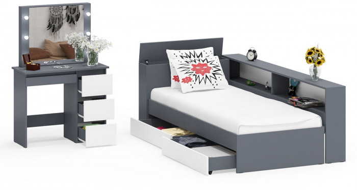 Ксения Кровать с ящиками 0900 + прикроватный блок + Столик с подсветкой Сура, графит/белый
