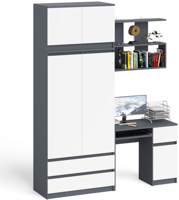 Мори компьютерный стол МС-1 правый + Шкаф МШ900.1 + Антресоль МА900.1 + Полка 900, графит/белый