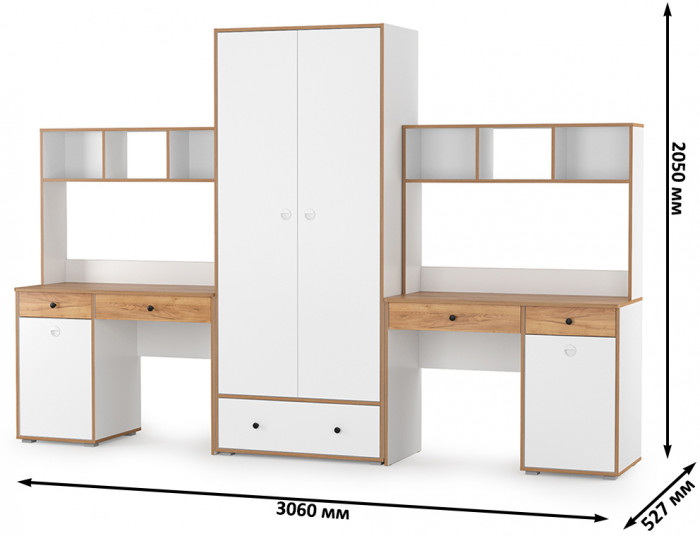 Вуди Компоновка № 28, цвет белый премиум/дуб крафт золотой, ШхГхВ 306х52,7х205 см., универсальная сборка