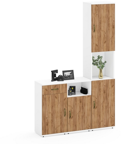 Лидер-8 Пенал + Тумба МД 3.15 + Тумба МД 3.19, цвет белый шагрень/крафт золото, ШхГхВ 120х30х190 см., универсальная сборка