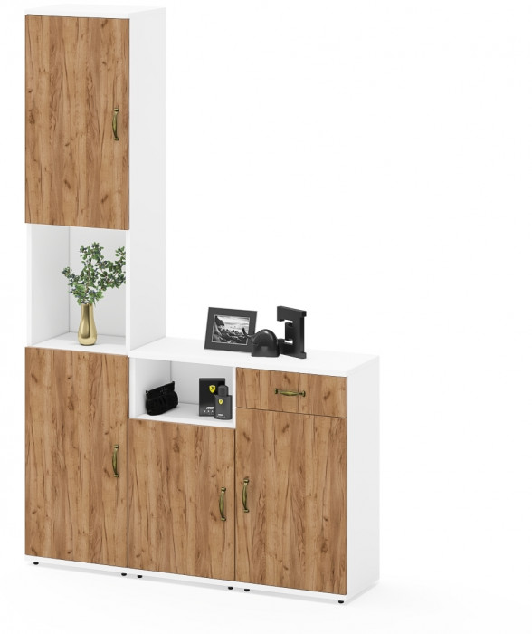 Лидер-8 Пенал + Тумба МД 3.15 + Тумба МД 3.19, цвет белый шагрень/крафт золото, ШхГхВ 120х30х190 см., универсальная сборка