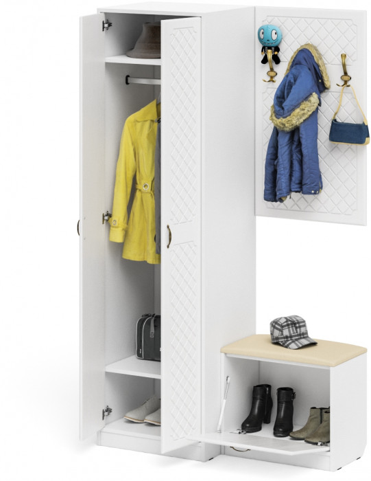 Прихожая П-6 Компоновка № 12, цвет белая шагрень/фасады МДФ белое дерево фрезеровка ромб, ШхГхВ 120х50х210 см., универсальная сборка