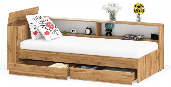 Ксения Кровать с ящиками 0900 + прикроватный блок, дуб вотан