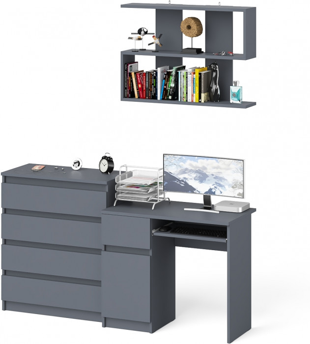 Мори компьютерный стол МС-1 левый + Комод МК800.4 + Полка 900, графит