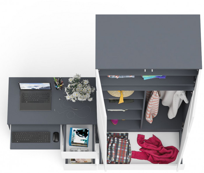 Мори компьютерный стол МС-6 правый + Шкаф МШ900.1 + Антресоль МА900.1, графит/белый