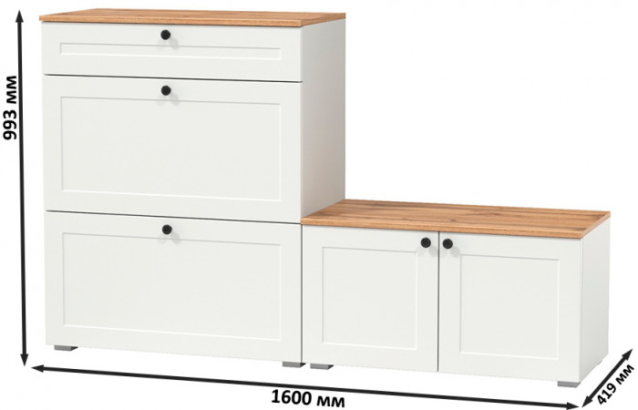 Остин 16.121 Тумба для обуви + 13.257 Тумба, цвет белый шагрень/дуб крафт золотой, ШхГхВ 160х41,9х99,3 см., универсальная сборка