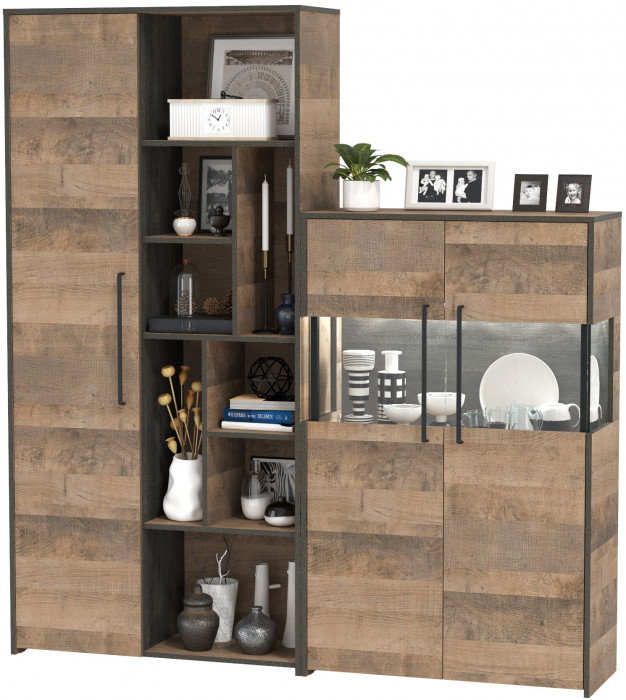 Трувор 13.206 Шкаф-стеллаж + 13.306 Комод с витриной, цвет дуб гранж песочный/интра, ШхГхВ 178,8х37х194,2 см., универсальная сборка