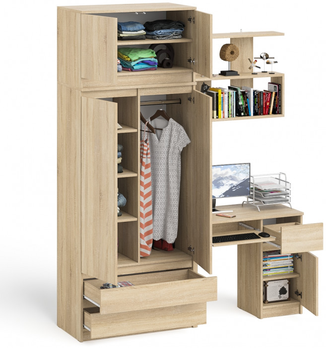 Мори компьютерный стол МС-1 правый + Шкаф МШ900.1 + Антресоль МА900.1 + Полка 900, дуб сонома