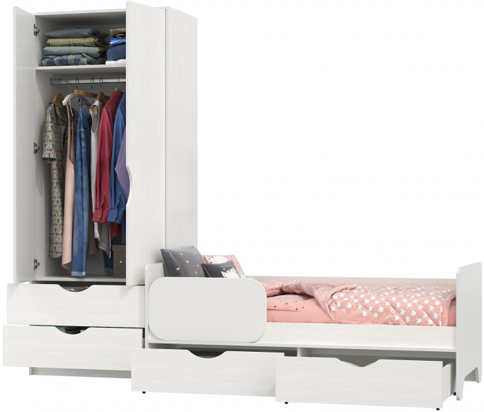 КР100 Уна 11.22 Кровать с ящиками + 13.327 Шкаф для одежды, цвет белый(структура Поры дерева), сп. м. 800х1600 мм., б/м, основание есть