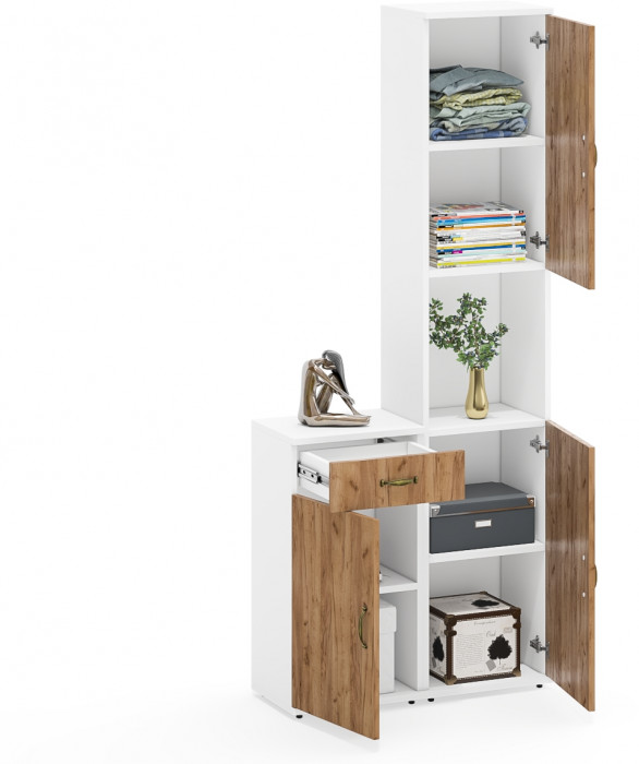 Лидер-8 Пенал + Тумба МД 3.15, цвет белый шагрень/крафт золото, ШхГхВ 80х30х190 см., универсальная сборка