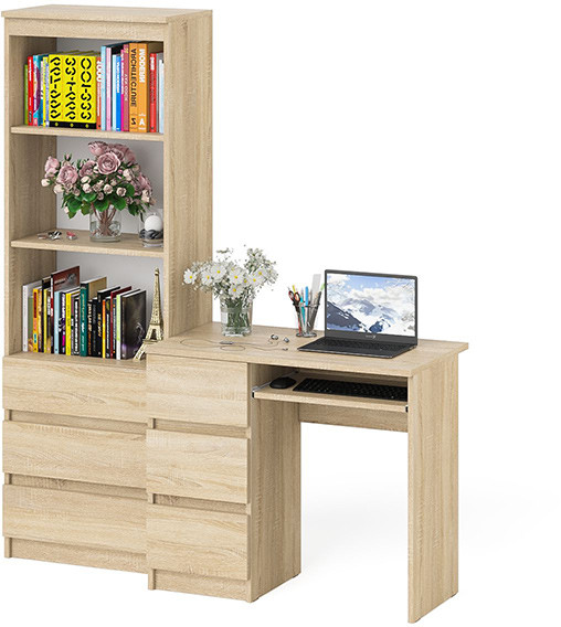 Мори компьютерный стол МС-6 левый + Стеллаж МСТ600.3, дуб сонома