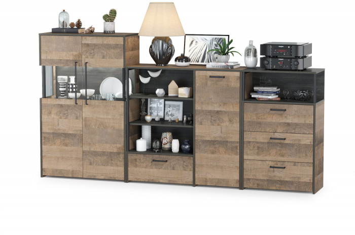 Трувор 13.307.01 Комод + 13.306 Комод с витриной + 13.307.02 Комод с ящиками, дуб гранж песочный/интра