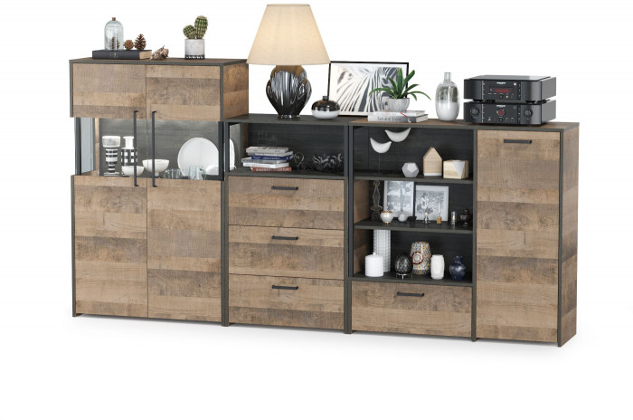 Трувор 13.307.01 Комод + 13.306 Комод с витриной + 13.307.02 Комод с ящиками, дуб гранж песочный/интра