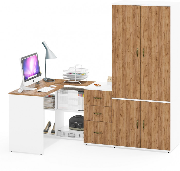 Лидер-8 Стол + Тумба МД 3.16 + Шкаф МД 19Б, цвет белый шагрень/крафт золото, ШхГхВ 285х50/50х75/190 или 115х200/50х75/190 см., НЕ ун. сборка