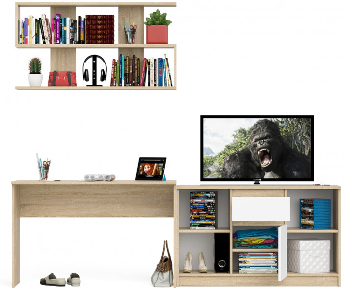 Мори Стол письменный МСП1200.1 + Тумба МТВ1204.1 + Полка 1200, цвет дуб сонома/белый, ШхГхВ 240,8х50х209,6 см., универсальная сборка