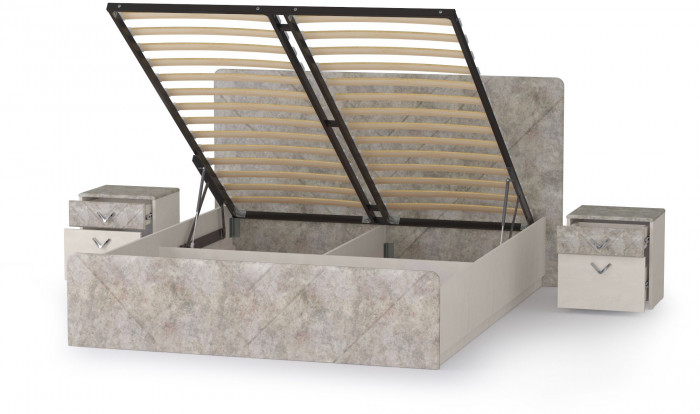 Амели Кровать 11.31 + подъёмный ортопед + две тумбочки, цвет шёлковый камень/бетон чикаго беж, ШхГхВ 263,4х205,2х104,3 см., сп. м. 1600х2000 мм., б/м