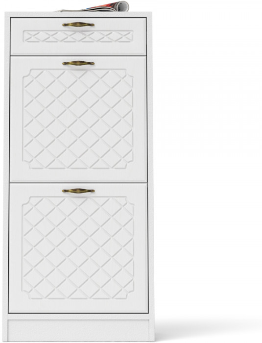 Прихожая П-6 Тумба для обуви 2 секции, цвет белая шагрень/фасады МДФ белое дерево фрезеровка ромб, ШхГхВ 50х35х108,3 см.
