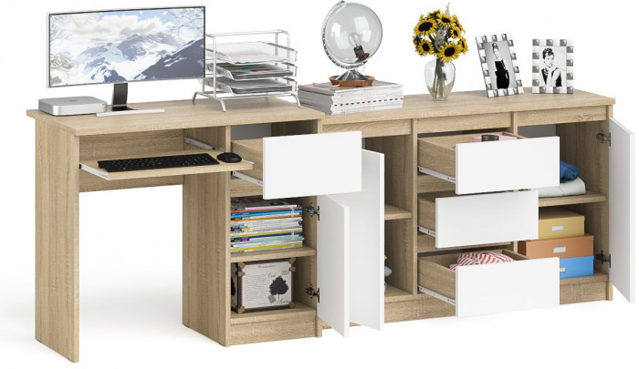 Мори Стол компьютерный МС-1 правый + Комод МК1200.3, цвет дуб сонома/белый, ШхГхВ 210,4х50х76,6 см., выдвижной ящик справа, НЕ универсальная сборка