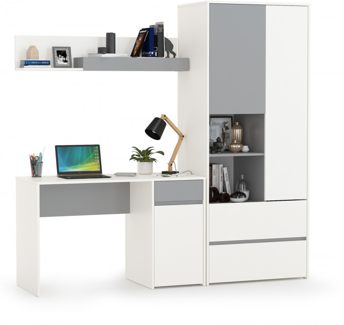 Торонто 12.149 Стол + 13.333 Шкаф для одежды + 16.475 Полка, белый шагрень/стальной серый