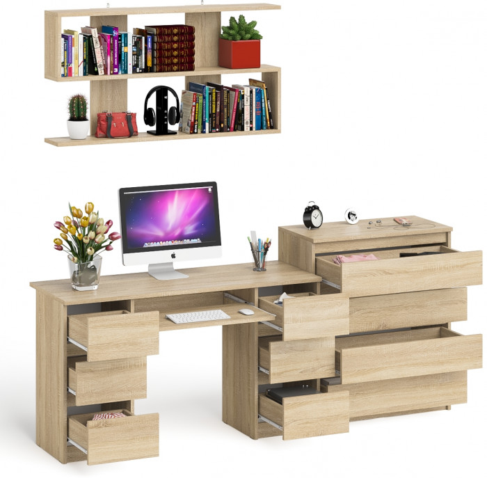 Мори компьютерный стол МС-2 + Комод МК800.4 + Полка 1200, дуб сонома