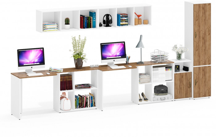 Лидер-8 Стол + Полка + Стол + Полка + Пенал МД 21Б + Тумба МД 3.19, цвет белый шагрень/крафт золото, 410х50/37,5х75/190 или 230х160/50х75/, НЕ ун. сб.