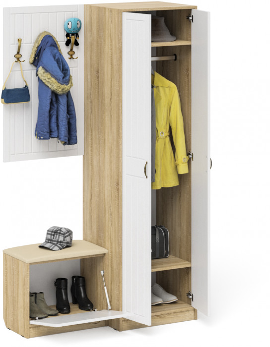 Прихожая П-6 Компоновка № 12, цвет дуб сонома/фасады МДФ белое дерево фрезеровка прованс, ШхГхВ 120х50х210 см., универсальная сборка