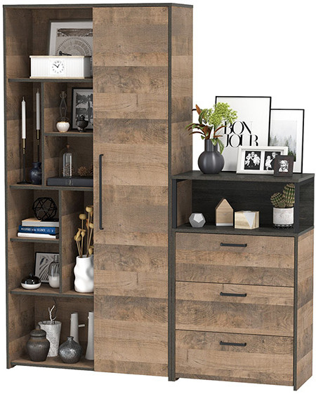 Трувор 13.206 Шкаф-стеллаж + 13.307.02 Комод с ящиками, цвет дуб гранж песочный/интра, ШхГхВ 159х37х194,2 см., универсальная сборка