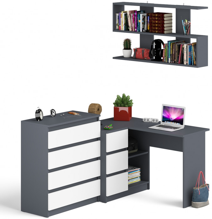 Мори компьютерный стол МС-16 левый + Комод МК800.4 + Полка 1200, графит/белый