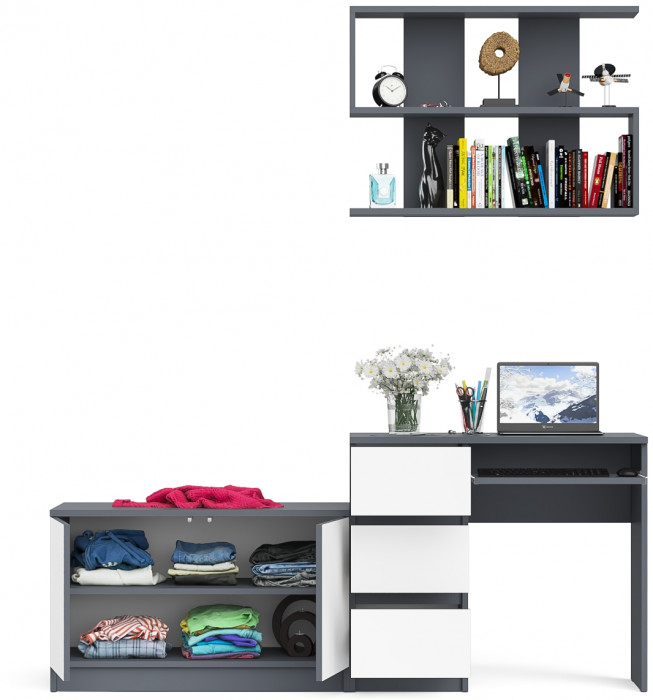 Мори компьютерный стол МС-6 левый + Тумба МА900.1 + Полка 900, графит/белый