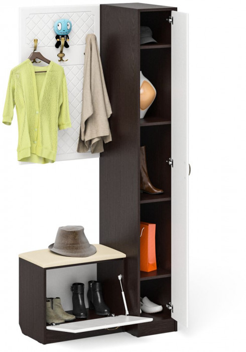 Прихожая П-6 Компоновка № 41, венге/фасады МДФ белое дерево фрезеровка ромб