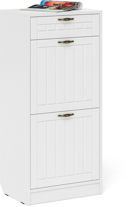 Прихожая П-6 Тумба для обуви 2 секции + Зеркало, цвет белая шагрень/фасады МДФ белое дерево фрезеровка прованс, ШхГхВ 50х35х210 см.