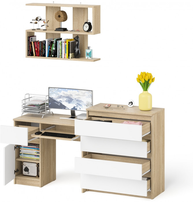 Мори компьютерный стол МС-1 левый + Комод МК800.4 + Полка 900, дуб сонома/белый
