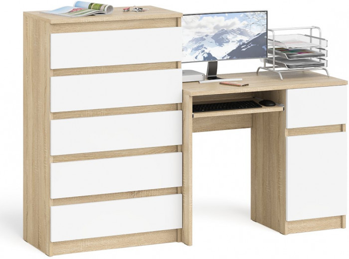 Мори компьютерный стол МС-1 правый + Комод МК700.5, дуб сонома/белый