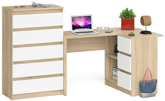 Мори компьютерный стол МС-16 правый + Комод МК700.5, дуб сонома/белый