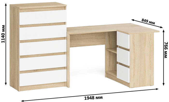 Мори компьютерный стол МС-16 правый + Комод МК700.5, дуб сонома/белый