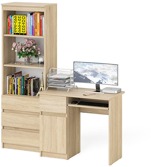 Мори Стол компьютерный МС-1 левый + Стеллаж МСТ600.3, цвет дуб сонома, ШхГхВ 150,4х50х179,6 см., выдвижной ящик слева, НЕ универсальная сборка