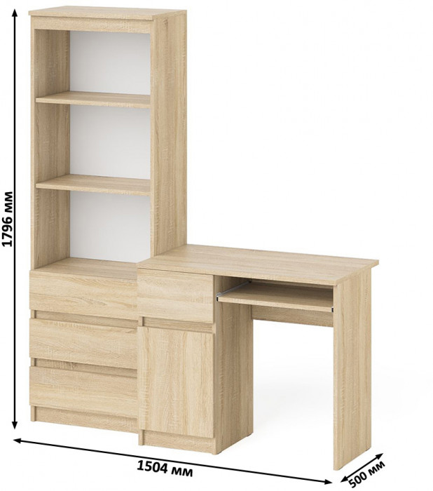 Мори Стол компьютерный МС-1 левый + Стеллаж МСТ600.3, цвет дуб сонома, ШхГхВ 150,4х50х179,6 см., выдвижной ящик слева, НЕ универсальная сборка