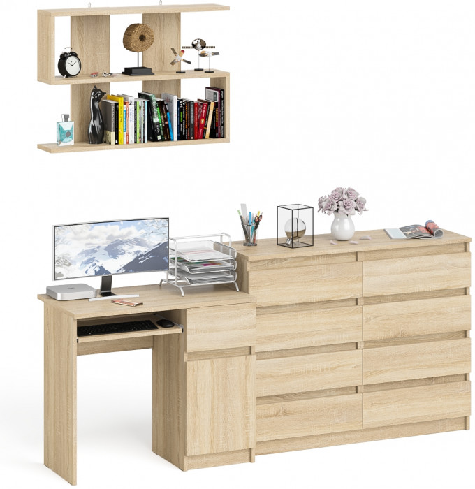 Мори Стол компьютерный МС-1 правый + Комод МК1200.8 + Полка 900, цвет дуб сонома, ШхГхВ 210,4х50х209,6 см., НЕ универсальная сборка